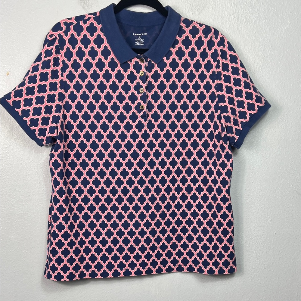 Lands’ End Blue & Pink Allover Geometric Print Short Sleeve Polo Shirt Large